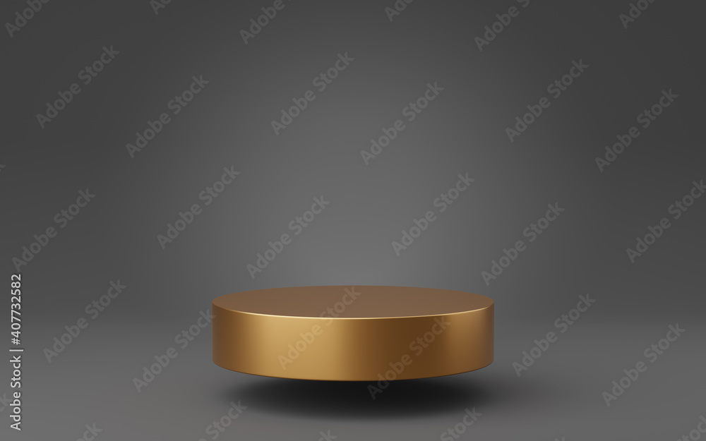 Empty gold cylinder podium floating on black background. Abstract minimal studio 3d geometric shape object. Mockup space for display of product design. 3d rendering. Empty gold cylinder podium floating on black background. Abstract minimal studio 3d geometric shape object. Mockup space for display of product design. 3d rendering.