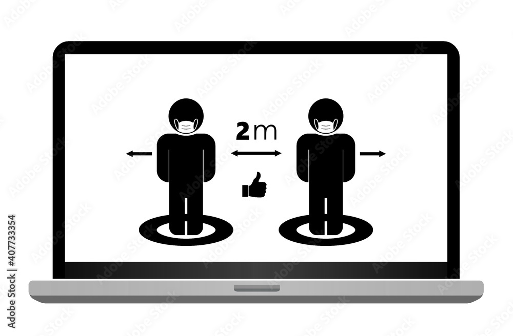 Distanciation sociale, garder une distance de 2 mètres dans un écran d'ordinateur Distanciation sociale, garder une distance de 2 mètres dans un écran d'ordinateur
