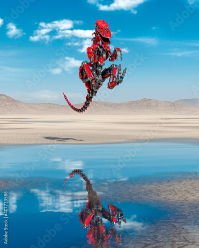 Fototapeta Naklejka Na Ścianę i Meble -  cyber raptor is jumping on the desert after rain