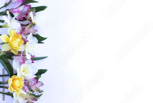 Pink astromeria and yellow and white daffodils on a white background. Spring bouquet. Background for a greeting card. photo