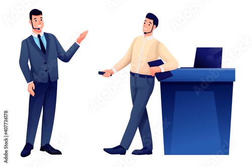 Business speaker giving talk and show presenter. Young man with microphone doing presentation, host listening and recording vector illustration. Event or forum convention