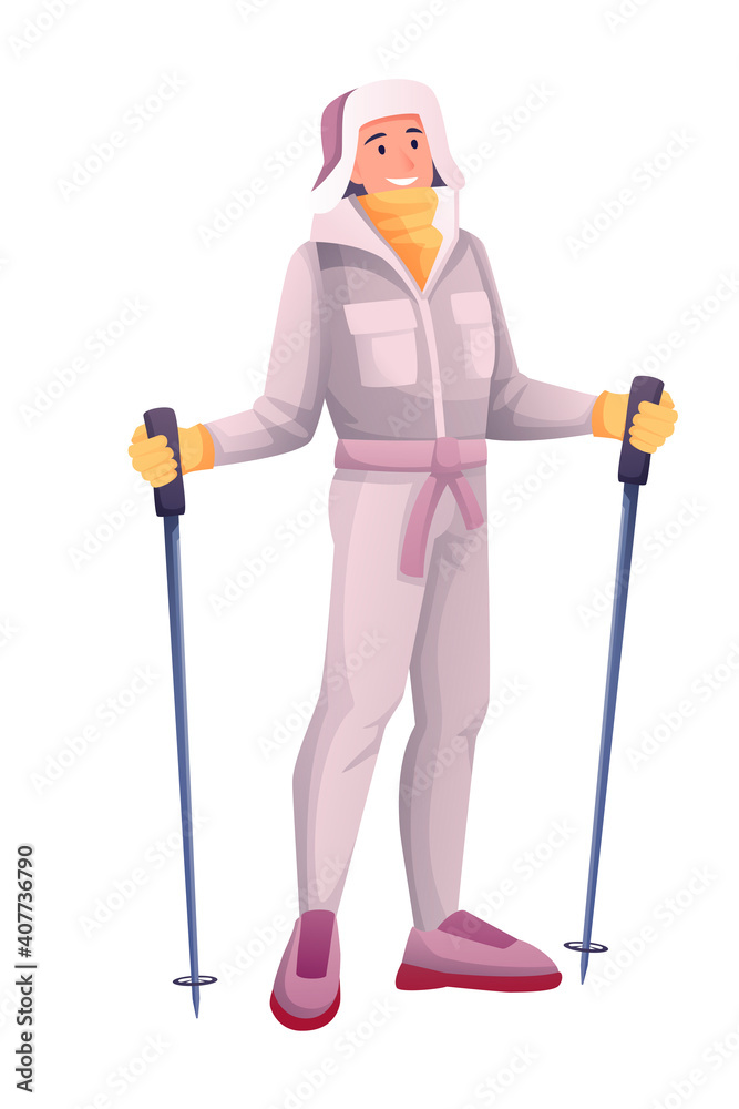 Woman with ski poles in hands. Vacation at mountain recreation resort vector illustration. Young happy girl in sportsware standing and smiling in winter on white background Woman with ski poles in hands. Vacation at mountain recreation resort vector illustration. Young happy girl in sportsware standing and smiling in winter on white background
