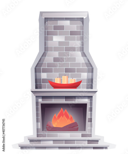 Winter cabin fireplace interior design background element. Vacation at ski resort vector illustration. Modern fire with mantelpiece with candles, wooden logs burning inside