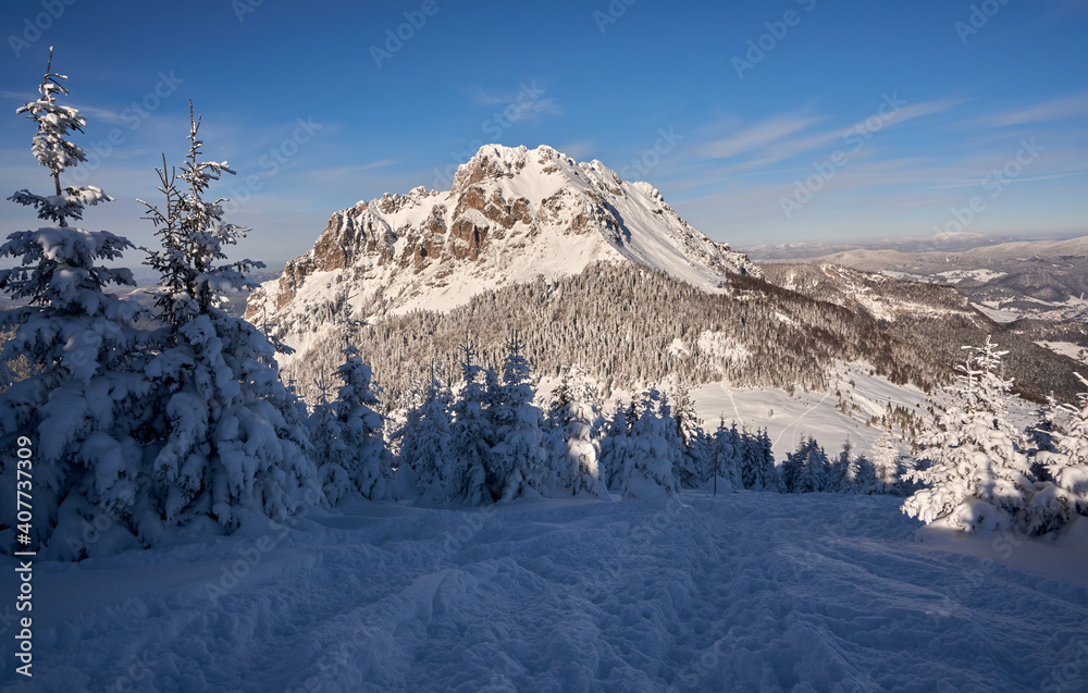 Obraz premium Winter mountain landscape in Mala Fatra on hill Velky Rozsutec in Slovakia
