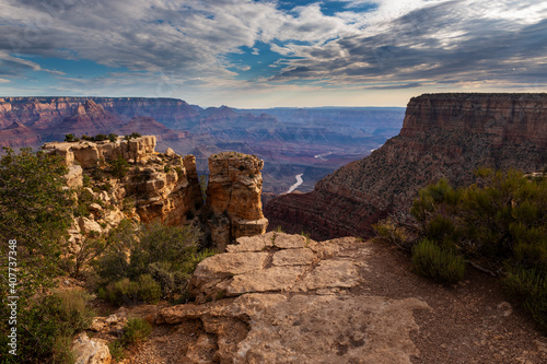 Scenic view of the Grand Canyon and Colorado River, in the Grand Canyon National Park, at sunrise, in the State of Arizona, USA