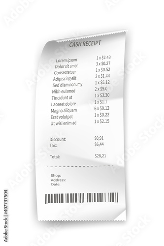 Receipt, paper bill, shop and supermarket check vector illustration template. Realistic list of purchases with prices, barcode, taxes, payment with money on white. Finance transactions