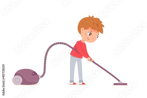 Boy helping vacuum clean. Kid helps cleaning floor at home vector illustration. Little happy child holding cleaner in hands isolated on white background. Housekeeping activity