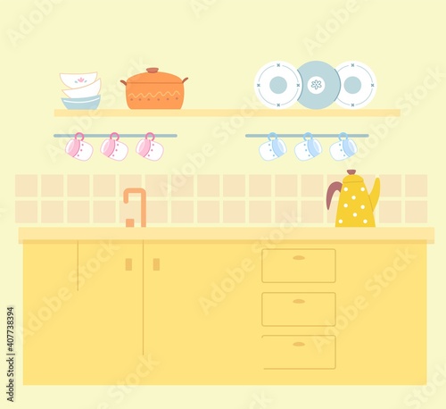 Modern vintage kitchen interior design background. Place at home for cleaning and washing. Yellow counter with drawers, tap, plates, cups, pan. Empty cozy clean area vector illustration