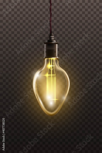 Vintage light bulb hanging on filament. Retro decor design vector illustration. Antique yellow glowing lantern in glass with string from ceiling on transparent background