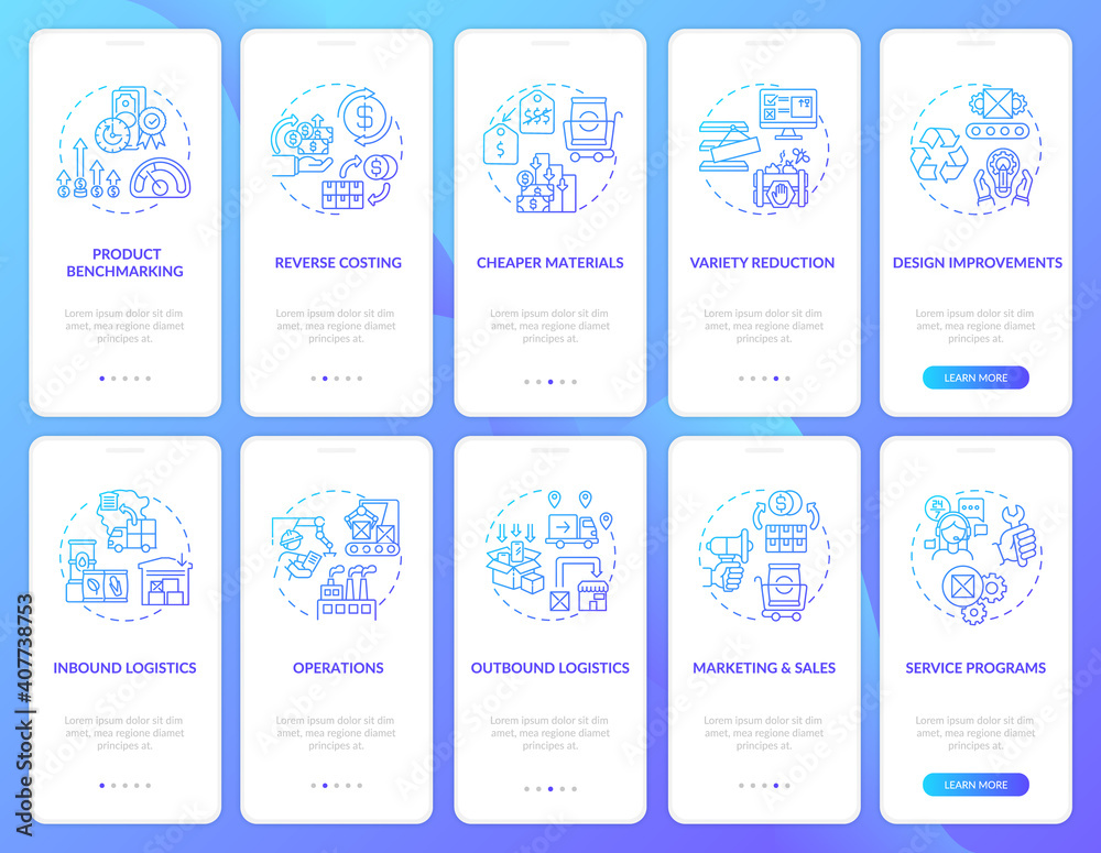 Value chain components onboarding mobile app page screen with concepts set. Company optimization walkthrough 5 steps graphic instructions. UI vector template with RGB color illustrations