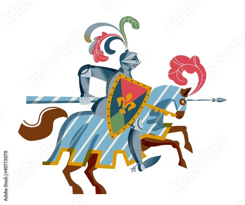 Medieval knight in armor on horse character. Warrior with spear and shield in Middle Ages period vector illustration. Chivalrous brave man with weapon in tournament isolated on white background