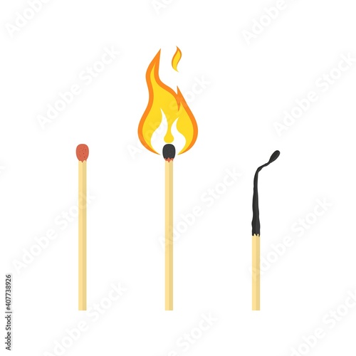 Set of matches with flame. Unsed, burning and burnt match icon.