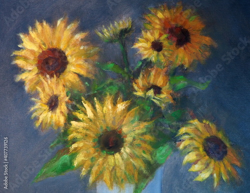 Sunflowers on a blue background. Oil painting. Flower bouquet.