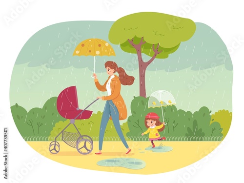 Woman with children walking in rainy weather. Mother in coat going with joyful happy child and baby in stroller. Autumn bad weather vector illustration. People in rain storm