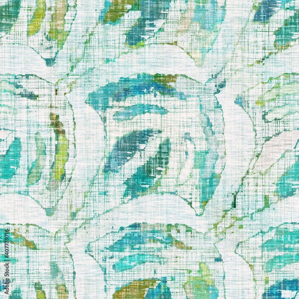 Rustic sea green mottled linen woven texture. Seamless printed fabric pattern for tropical coastal style. Interior textile background. Mottled colorful turquoise dye stains. Vibrant summer home decor
