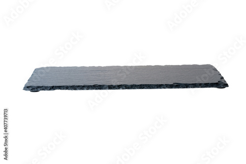 Black slate   rectangular stone plate . Kitchen stone tray for food isolated on white background