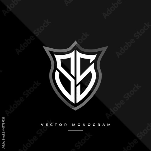 letters SS logo design. silver shield S S monogram minimal monogram isolated on dark background. masculine business logotype. creative premium vector alphabet concept.