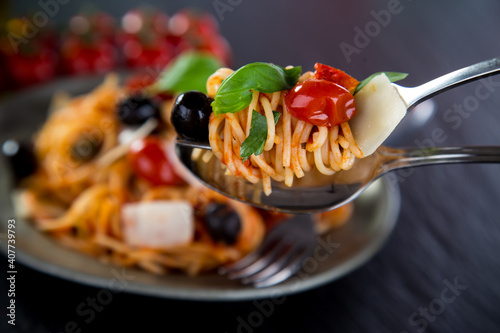 Pasta with meat, tomato sau...
