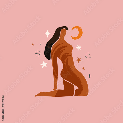 Naked woman abstract shapes art moon sacred girl self care concept