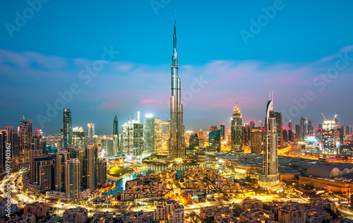 View on modern skyscrapers and busy evening highways in luxury Dubai city,Dubai,United Arab Emirates