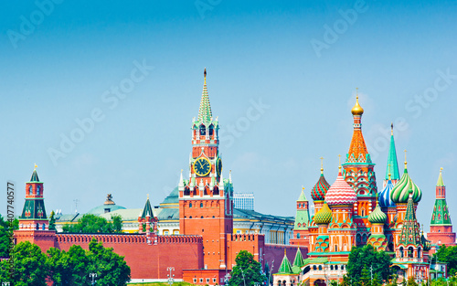 Spasskaya Tower and Cathedral of Vasily the Blessed (Saint Basil's Cathedral) on Red Square. Sunny summer day. Moscow. Russia