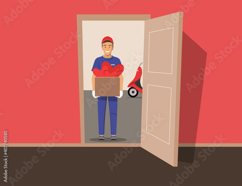 Courier delivering scooters gifts for International Women s Day or Valentines Day. Delivery guy handing box with hearts on doorway.