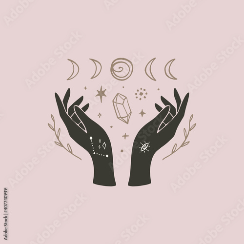 Magical sacred hand art. Magic and astrology concept. Vector illustration