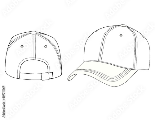 Customizable Fashion Baseball Cap Vector Illustration, Baseball Cap Hat OutLine Template, Flats Sketch, Clip Art Technical Fashion Flats Sketch High Quality Vector Outline, Dad Hat, Cap Fashion Flat
