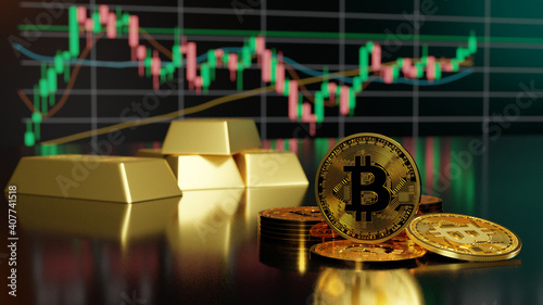 Bitcoin, Gold bar and cryptocurrency investing concept. 3D rendering.