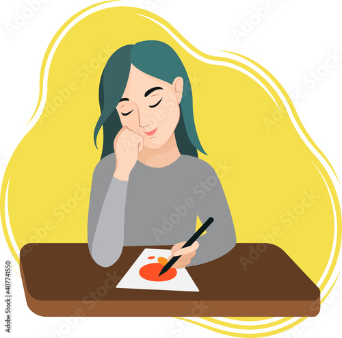 A young girl sitting at the table and draw a pencil sketch. Freelancer, designer, artist work from home. Drawing as a hobby