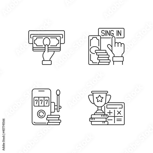 Betting on sports linear icons set. Making profit from bet. Sign-up bonus. Virtual gambling. Customizable thin line contour symbols. Isolated vector outline illustrations. Editable stroke photo