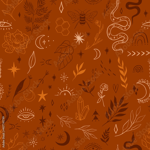 Magical snake seamless pattern line art, ornate animals, boho design. Vector illustration