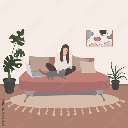 Online education concept illustration with a girl in the room sitting on a sofa with a cat and a laptop.