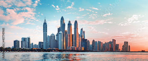 Dubai Marina skyscrapers and Jumeirah beach,Dubai,United Arab Emirates