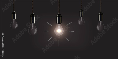 Light bulbs hanging on filament set. Modern decor design on chalkboard vector illustration. Glowing and turned off lanterns in glass with strings from ceiling on grey background
