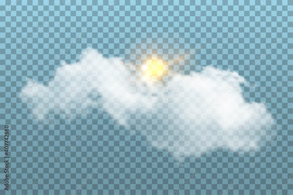 Cloud with sun in sky on blue transparent background. Realistic fluffy white object and sunshine vector illustration. Sunny and cloudy day in summer or spring, nature outdoor