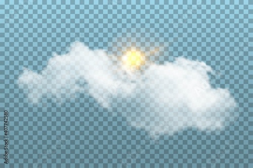 Cloud with sun in sky on blue transparent background. Realistic fluffy white object and sunshine vector illustration. Sunny and cloudy day in summer or spring, nature outdoor