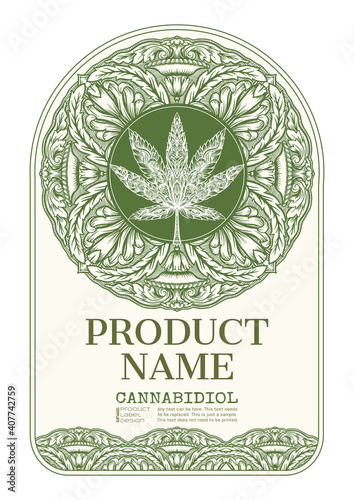 Cannabis Template for product label, cosmetic packaging. Easy to edit. In art nouveau style, vintage, old, retro style. Isolated on white background..