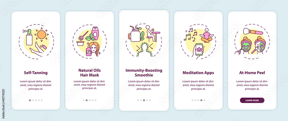 Home beauty treatments onboarding mobile app page screen with concepts. Self-tanning, smoothies, meditation walkthrough 5 steps graphic instructions. UI vector template with RGB color illustrations