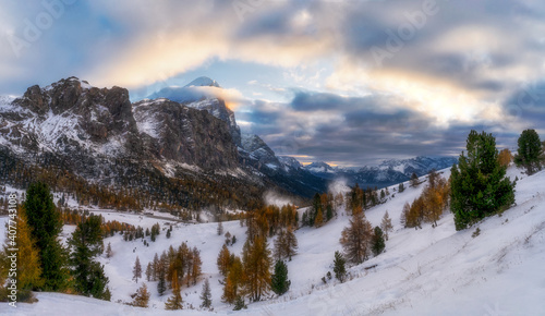 Winter view in the Flazarego mountain range, in the Italian Alps, Dolomites, Italy 