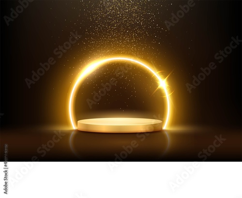 Glowing neon golden circle with sparkles in fog on gold podium. Abstract round electric light frame on dark background. Geometric fashion design vector illustration. Empty minimal ring art decoration
