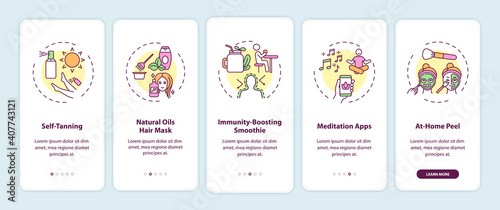 Home beauty treatments onboarding mobile app page screen with concepts. Self-tanning, smoothies, meditation walkthrough 5 steps graphic instructions. UI vector template with RGB color illustrations