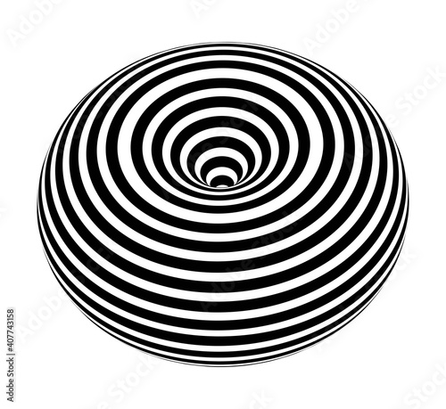 Striped torus on white background. Black stripes on modern circular geometric shape design vector illustration. Graphic optical illusion effect on object with striped pattern