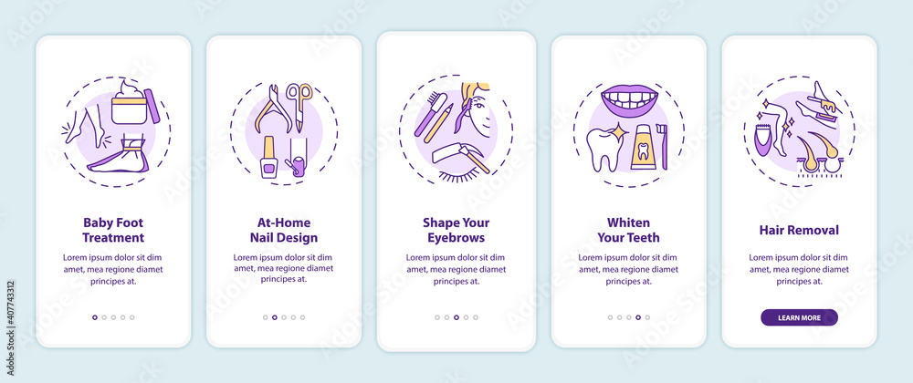 Home beauty procedures onboarding mobile app page screen with concepts. Baby foot treatment, nail design walkthrough 5 steps graphic instructions. UI vector template with RGB color illustrations Home beauty procedures onboarding mobile app page screen with concepts. Baby foot treatment, nail design walkthrough 5 steps graphic instructions. UI vector template with RGB color illustrations