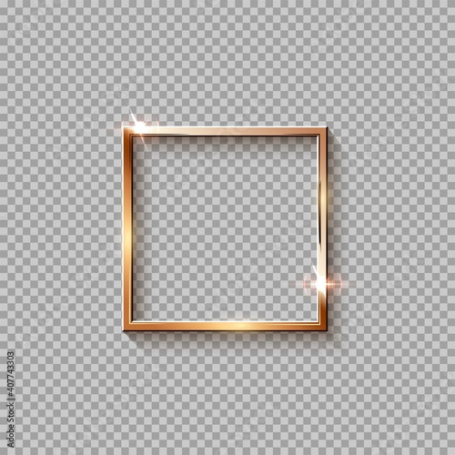 Golden square frame for picture isolated on transparent background. Blank space for picture, painting, card or photo. 3d realistic modern template vector illustration. Simple gold object on wall