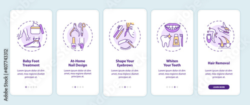 Home beauty procedures onboarding mobile app page screen with concepts. Baby foot treatment, nail design walkthrough 5 steps graphic instructions. UI vector template with RGB color illustrations
