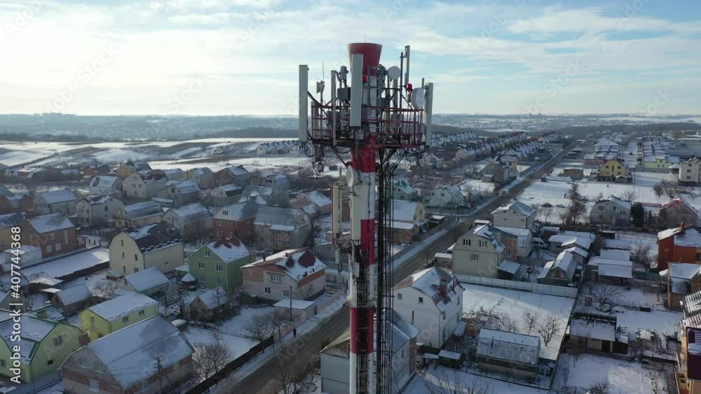 Telecommunication tower of 4G and 5G cellular. Base Station or Base Transceiver Station. Wireless Communication Antenna Transmitter. Telecommunication tower with antennas against blue sky. Telecommunication tower of 4G and 5G cellular. Base Station or Base Transceiver Station. Wireless Communication Antenna Transmitter. Telecommunication tower with antennas against blue sky.