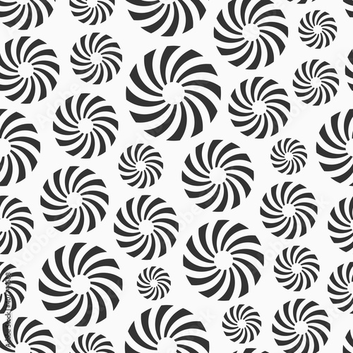 Abstract seamless pattern of repeating round ornaments isolated on white background. Background with circles, swirling shapes. Stylish texture. Vector monochrome illustration.