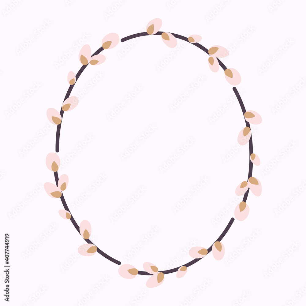 Oval wreath of willow. Willow wreath.Easter wreath made of willow stalks.Vector flat illustration. Design for invitations, postcards, printing Oval wreath of willow. Willow wreath.Easter wreath made of willow stalks.Vector flat illustration. Design for invitations, postcards, printing