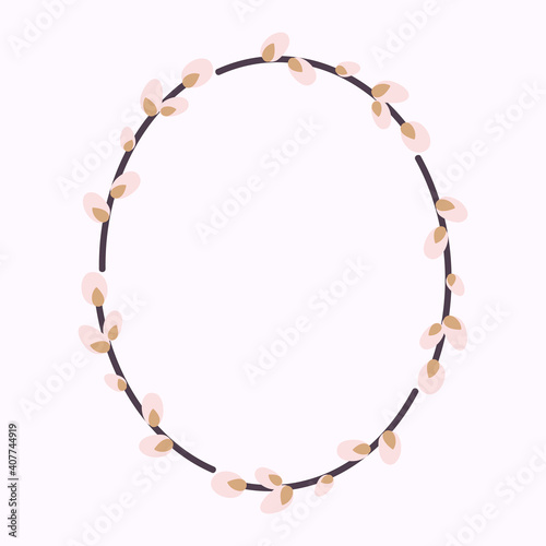 Oval wreath of willow. Willow wreath.Easter wreath made of willow stalks.Vector flat illustration. Design for invitations, postcards, printing
